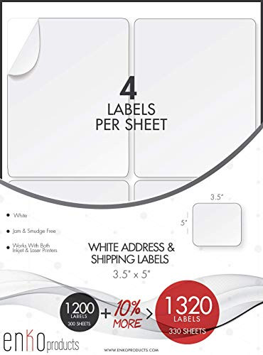 enKo - 3-1/2 x 5 Inch Label - White Blank - 4 Up Per Sheet Shipping Address Mailing Labels for Laser Inkjet Printer (330 Sheets, 1320 Labels)