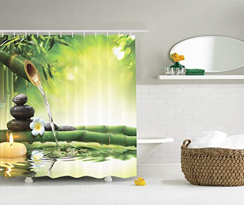 Ambesonne Spa Shower Curtain, Meditation and Picture of Bamboo Stalks Candle and Basalt Stones Theraphy Relaxing, Cloth Fabric Bathroom Decor Set with Hooks, 75" Long, Green Yellow