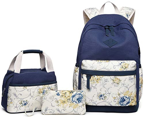 Abshoo Lightweight Canvas Floral Teen Backpacks for Girls School Backpack with Lunch Bag (9G4 Navy)