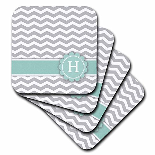 3dRose cst_154227_3 Letter H Monogrammed on Grey and White Chevron with Mint Gray Zigzags Personal Initial Ceramic Tile Coasters, Set of 4