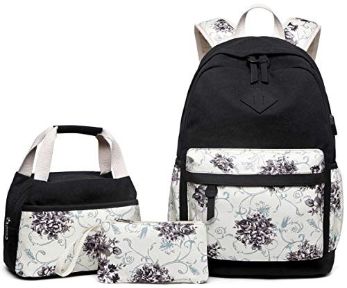 Abshoo Lightweight Canvas Floral Teen Backpacks for Girls School Backpack with Lunch Bag (9G4 Black)