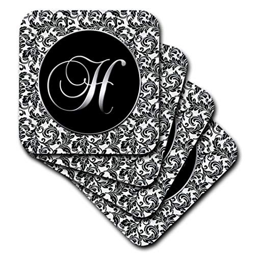 3dRose CST_38757_3 Letter H Black and White Damask Ceramic Tile Coasters (Set of 4)