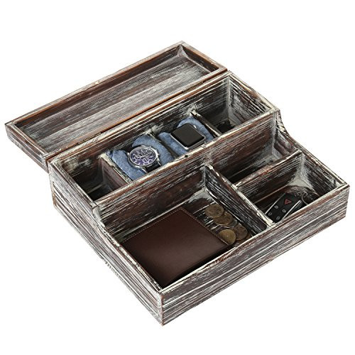MyGift Rustic Torched Wood Tabletop Watch Case & Dresser Valet Tray, Bracelet Necklace Jewelry Organizer Display