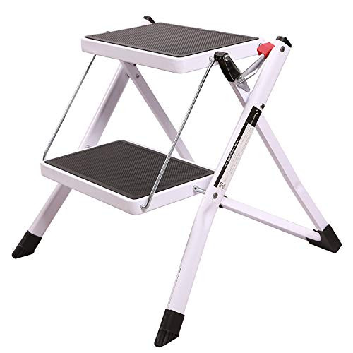 REDCAMP Small Folding Step Ladder 2 Step, Sturdy Heavy Duty Step Ladder 2 Foot Tall, Lightweight Portable White Wide Ladder Step Stool