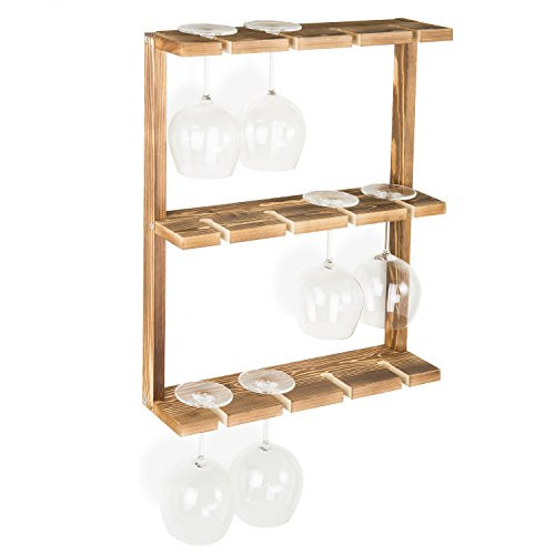 MyGift Burnt Wood Wall-Mounted 12 Wine Glass Holder Rack, Inverted Stemware Display