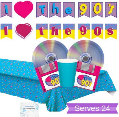 90s Party Supplies - 90s Party Plates and Napkins Cups for 24 People - Includes 90s Party Banner and 90s Tablecloth - Perfect 90s Party Decorations!