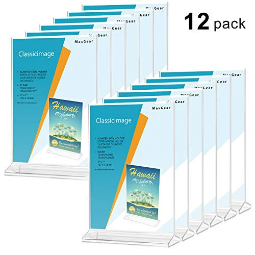 MaxGear Acrylic Sign Holder-Plastic Sign Holder-5 X 7 Inches Clear Sign Display Holder-Table Menu Stand-Double Sided Plastic Display Ad Picture Frame for Office, Home, Store, Restaurant, 12 Pack