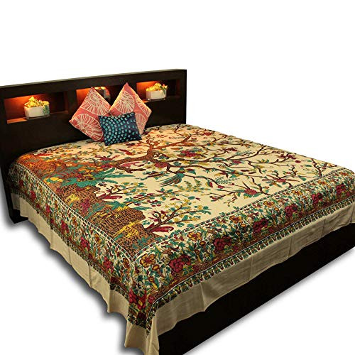 Cream Tree of Life Indian Bedspread, Queen Size