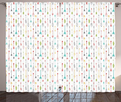 Ambesonne Arrow Curtains, Colorful Arrows Leaves Feathers Pattern Boho Modern Print, Living Room Bedroom Window Drapes 2 Panel Set, 108" X 90", Yellow White