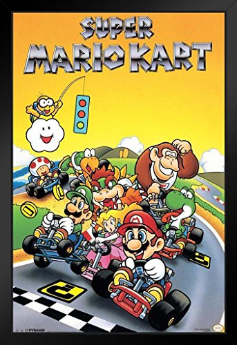 Pyramid America Super Mario Kart Super Nintendo SNES Go Kart Racing Video Game Luigi Princess Peach Black Wood Framed Poster 14x20 inch