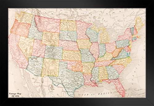 Pyramid America Map of United States 1896 Art Print Black Wood Framed Poster 20x14 inch