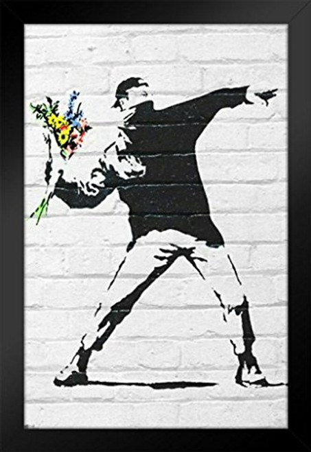 Pyramid America Banksy Flower Bomber Graffiti Art Black Wood Framed Poster 14x20 inch