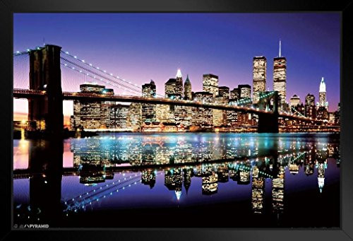 Pyramid America Brooklyn Bridge Twilght Black Wood Framed Poster 20x14 inch