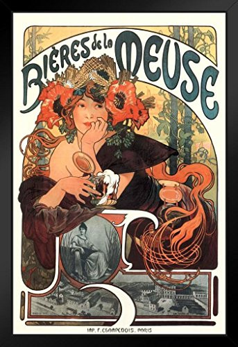 Alphonse Mucha Bieres De La Meuse Art Print Art Nouveau Vintage Beer Advertisement French France 1897 Poppies Wheat Hops Summer Seasons Black Wood Framed Art Poster 14x20