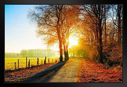 Autumn Farm Fields Country Road Sunset Landscape Photo Art Print Black Wood Framed Poster 20x14 inch