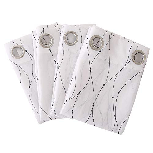 Deconovo White Sheer Curtains 84 Wave Line with Dots Foil Printed Grommet Sheer Curtains Linen Look Voile Drapes for Windows 52W x 84L Inch Black 4 Panels