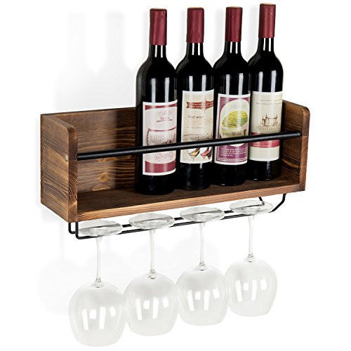 MyGift Industrial Style Wall-Mounted Wood 5-Wine Bottle Rack with 4-Stemware Holder, Brown