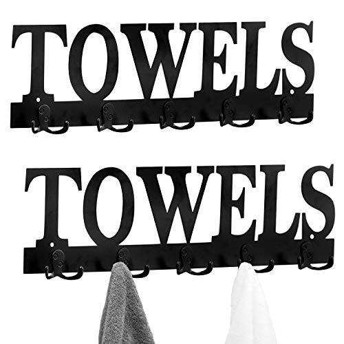 MyGift 5 Dual-Hook Black Metal Towels Design Wall Mounted Towel Rack, Set of 2