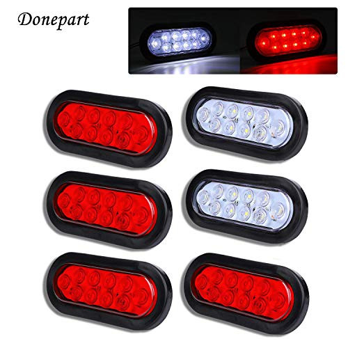 Donepart Oval LED Trailer Lights 6" 10 LED Taillight Stop Turn Tail Backup Reverse Brake Trailer Tail Lights for Truck RV Boat Camper (4 Red + 2 White)