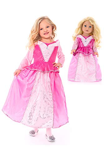 Little Adventures Sleeping Beauty Princess Dress Up Costume & Matching Doll Princess Dress (Large (Age 5-7))