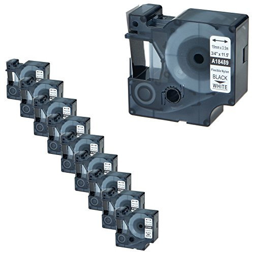 NineLeaf 10 Pack Black on White Flexible Nylon Industrial Label Tape Compatible for Dymo 18489 Rhino 4200 5000 5200 6000 Label Maker (3/4"x11.5ft)