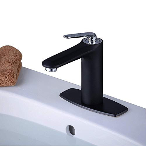 Bathroom Faucet Single Handle Bathroom Sink Faucet One Hole Deck Mount Lavatory Faucet with Plate,Solid Brass,Black+Chrome,Beelee BL6772BCP