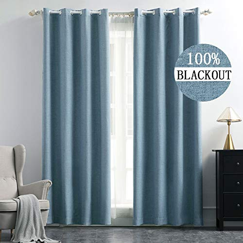 MIULEE Linen Texture Curtains for Bedroom Solid 100% Blackout Thermal Insulated Dusty Blue Curtains Grommet Room Darkening Curtains/Draperies Luxury Decor for Living Room Nursery 52x96 Inch (2 Panels)