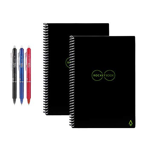 Rocketbook Everlast Reusable Smart Notebook, Executive Size, Black (Pack of 2) with 5 Pilot FriXion Pens and 2 Pen Stations