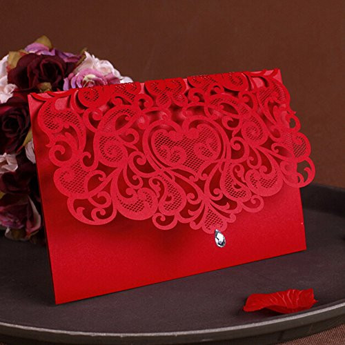 WOMHOPE® 50 Pcs - Classic Red Color Laser Cut Lace Card Wedding Invitation Party Folding Invitations Cards Birthday Invitations Cards Wedding Favors with Acrylic Rhinestone (B)