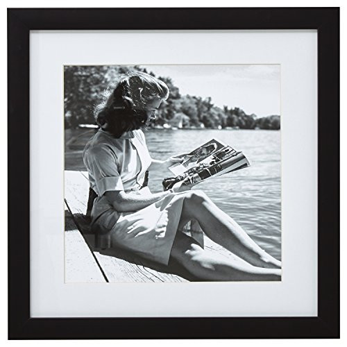 Black and White Reading by the Water Photo Wall Art Décor - 18" x 18" Picture Frame, Black
