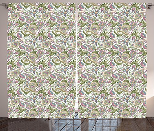 Ambesonne Paisley Curtains, Flowers Tulips Leaves and Petals Vintage Boho Design Pattern, Living Room Bedroom Window Drapes 2 Panel Set, 108" X 84", Purple White