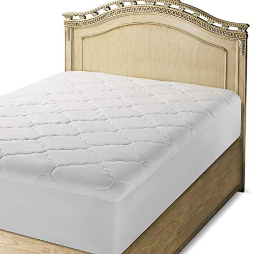 Micropuff Quilted Mattress Pad White Microfiber Fitted Mattress Cover Down Alternative Filling (Stretches up to 15" - Full Size - 54"x75")