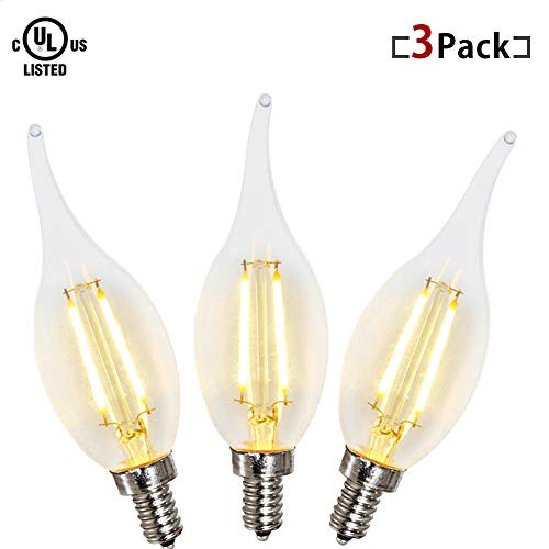 ZZ Lighting 2W LED Filament Flame Shape Bent Tip Candle Light Bulb 20W Incandescent Bulb Equivalent 2700K 160LM E12 Base(2W,3Pack)