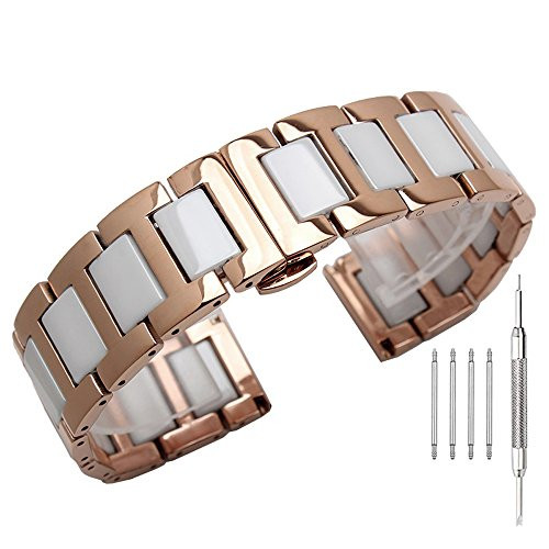 20mm Watch Band Rose Gold Stainless Steel White Ceramics Watch Bands Quick Release Watch Strap Deployment Clasp Butterfly Buckle Watch Bracelet for Women