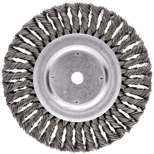 Weiler Dualife Standard Wire Wheel Brush, Round Hole, Steel, Partial Twist Knotted, 8' Diameter, 0.023' Wire Diameter, 5/8' Arbor, 1-5/8' Bristle Length, 5/8' Brush Face Width, 6000 rpm