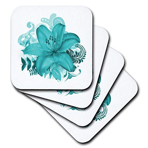 3dRose CST_152418_3 One Large Beautiful Turquoise Tropical Lilly on a Flourish Background Ceramic Tile Coasters, Set of 4