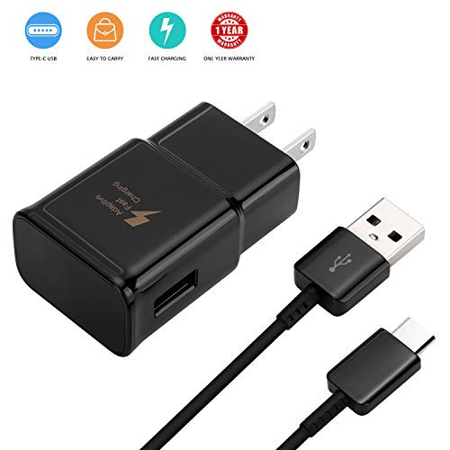 Adaptive Fast Wall Charger Adapter with USB Type C to A Cable Cord Compatible Samsung Galaxy S10 / S8 / S8 Plus/ S9 / S9+ / Active/Note 8 / Note 9 and More - Black
