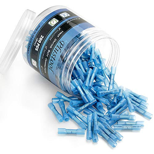 200PCS Blue Heat Shrink Butt Connectors 16-14 AWG, Plustool Waterproof Butt Connectors Electrical Butt Wire Connectors Insulated Marine Crimp Splice Automotive Wire Terminals Kit