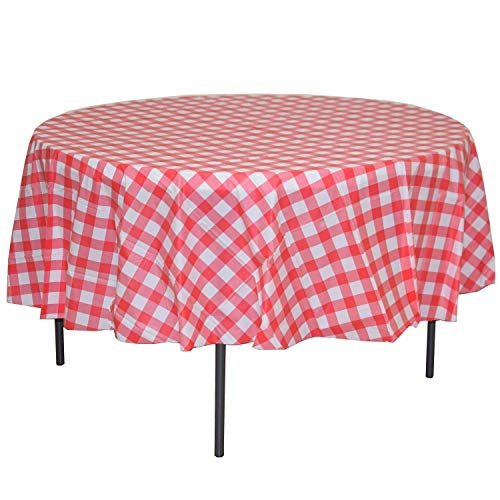 YUEKUI Round Disposable Plastic Tablecloth 70.8 inch,Red & White Gingham Checkered Tablecloth 10 Pack Premium Disposable Plastic Picnic Tablecloth
