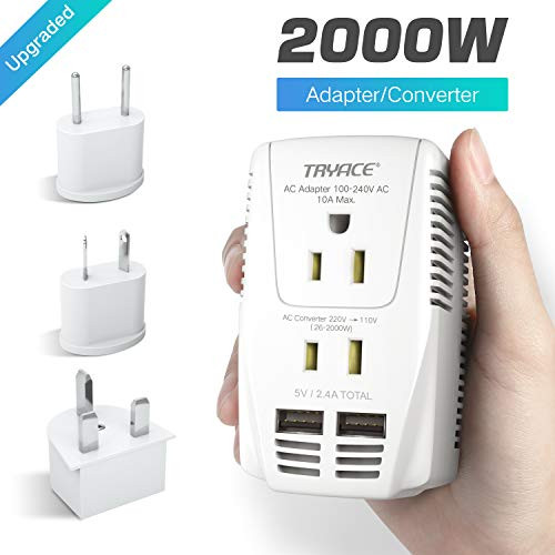 TryAce Upgraded 2000W Voltage Converter with 2 USB Ports,Set Down 220V to 110V Power Converter for Hair Dryer/Straightener/Curling Iron, Travel Transformer for UK/AU/US/EU Plug Travel Adapter