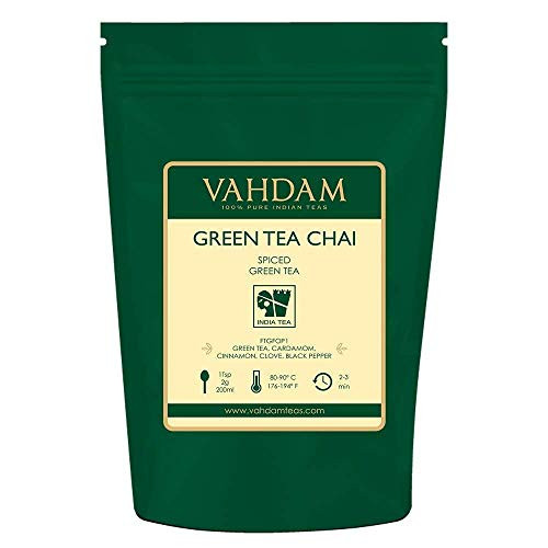 Green Tea Masala Chai Tea Loose Leaf -100 cups, 200gm - Perfect Blend of Natural Green Tea Leaves, Cinnamon, Cardamom, Cloves & Black Pepper - Traditional Green Spiced Chai Tea Recipe