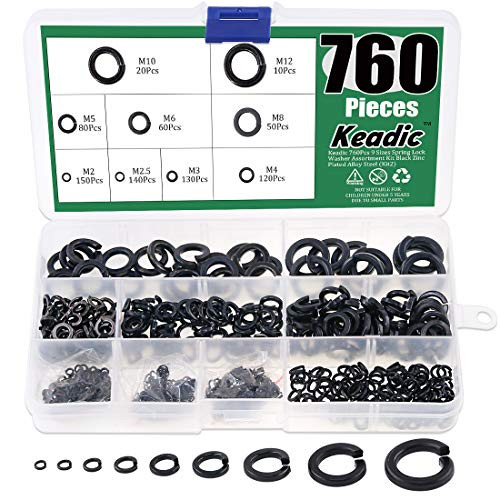 Keadic 760Pcs Spring Lock Washer Assortment Kit Black Zinc Plated Alloy Steel, 9 Sizes - M2 M2.5 M3 M4 M5 M6 M8 M10 M12?Kit 10?