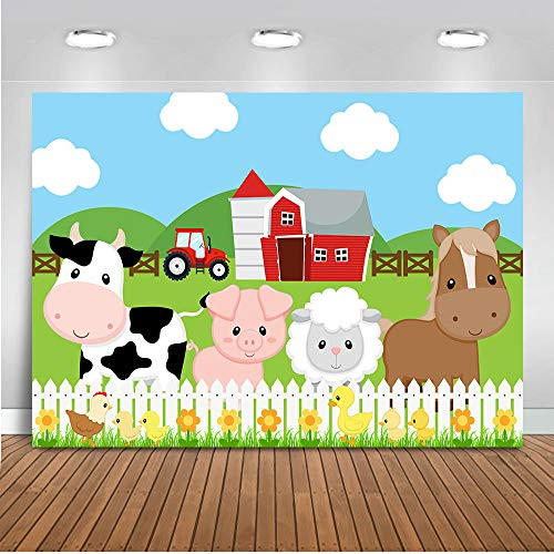 Mocsicka Farm Barnyard Birthday Backdrop 7x5ft Cartoon Red Barn Farm Animals Birthday for Boys and Girls Photography Background Green Grass Fence Barnyard Party Banner Photo Backdrops