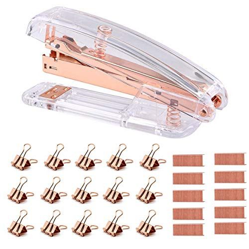 Transparent Rose Gold Acrylic Desktop Stapler with 1000 PCS Rose Gold Staples and 15 Pieces Blinder Clips for Home School Office Supplies Stationery Desk Accessory
