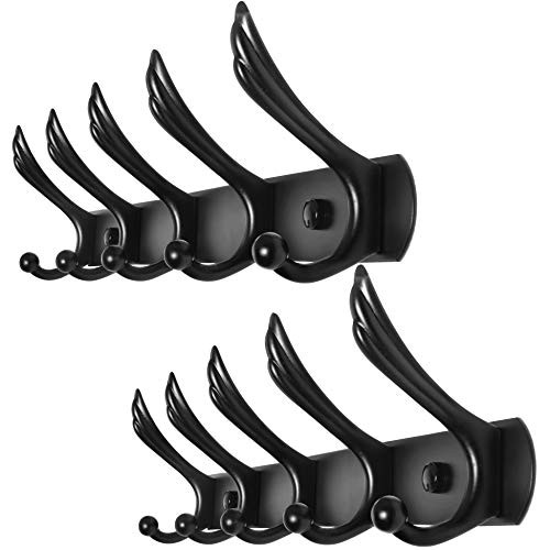 WEBI Wall Mounted Coat Rack:5 Dual Coat Hooks,Metal Hooks for Hanging Coats,Heavy Duty Hook Rack Rail Coat Hanger Wall Mount for Hat Jacket Backpack Entryway,Black,2Packs