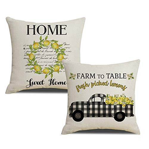 KACOPOL Farmer's Market Fresh Lemon Buffalo Check Truck Pillow Covers Farmhouse Quotes Home Sweet Home Farm Decorative Cotton Linen Throw Pillow Case Cushion Cover 18" x 18" Set of 2 (Fresh Lemon)