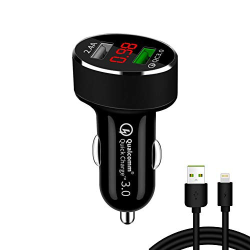 Fast Car Charger,Qualcomm Quick Charge 3.0 Adapter, Dual USB Ports with LED Digital Voltmeter, Compatible with iPhone X/Xs/XR/Xs Max /8/8Plus/7,6 6s, Galaxy s10 s10plus,S9 S9+