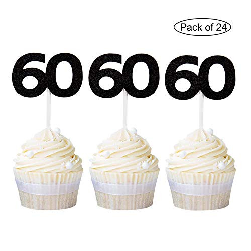 Newqueen 24 Pieces Glitter Number 60 Cupcake Toppers Black Age Sixty Cake Picks Decoration for Anniversary 60th Birthday Party Supplies