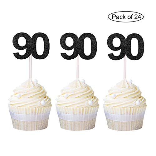 Newqueen 24 Pieces Glitter Number 90 Cupcake Toppers Black Age Ninety Cake Picks Decoration for Anniversary 80th Birthday Party Supplies