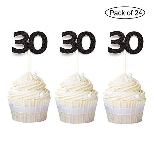 Newqueen 24 Pieces Glitter Number 30 Cupcake Toppers Black Thirty Cupcake Picks Decoration for Anniversary 30th Birthday Party Supplies